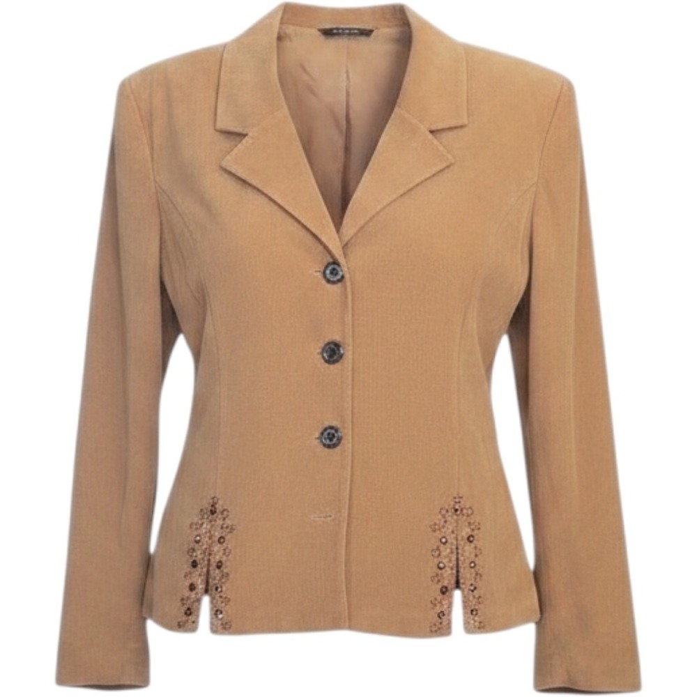 R&K Originals Women's 2 Piece Tan Jacket Black Pants Suit Size 14 NWT